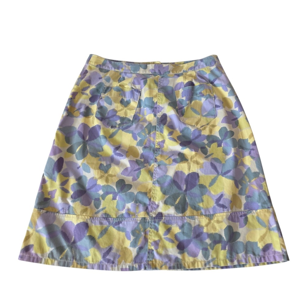 J. Jill A-Line Skirt Women 12 Yellow Purple Floral Cotton Pockets Knee Length